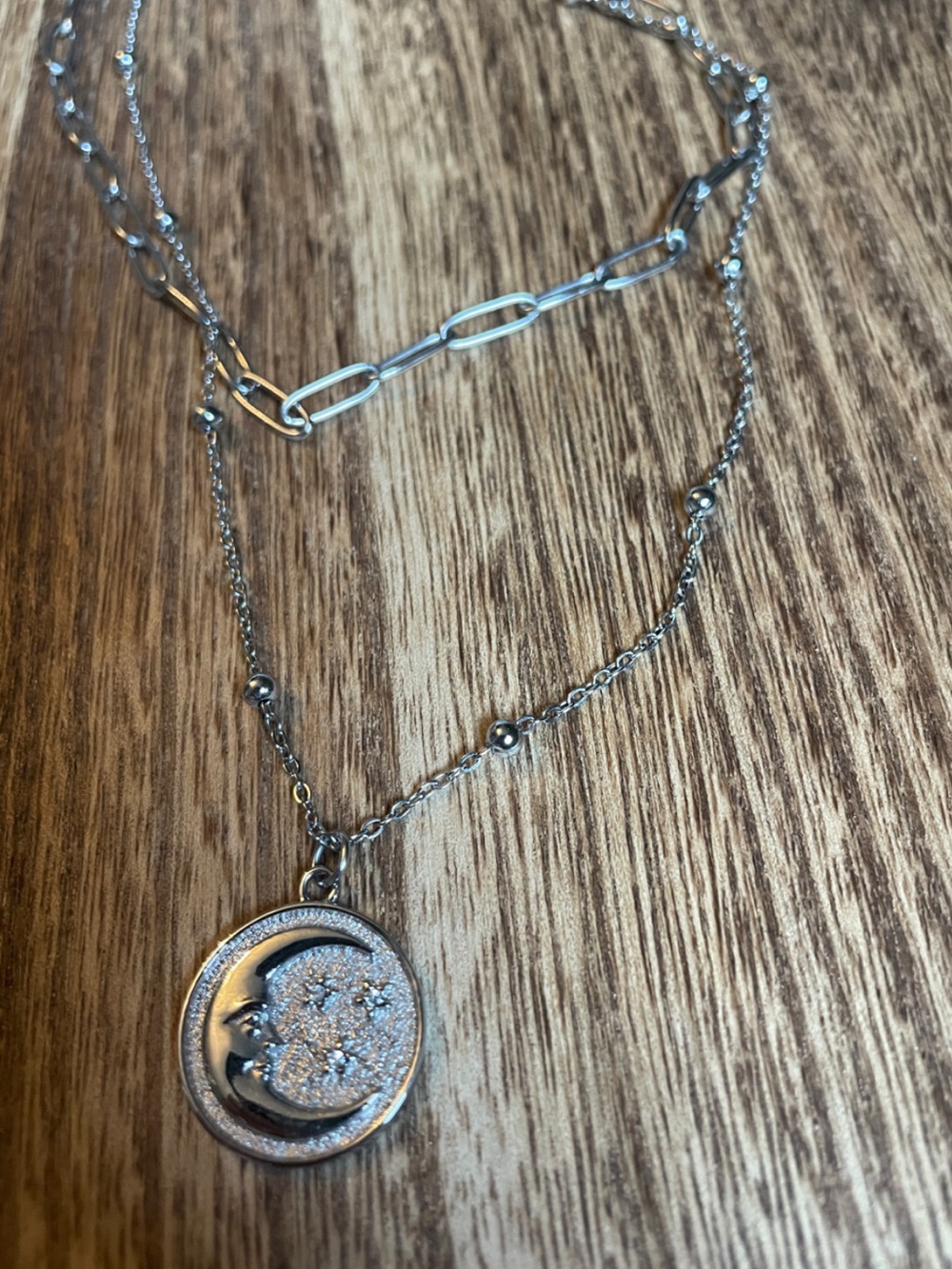 Silver Crescent Moon Double Strand Necklace